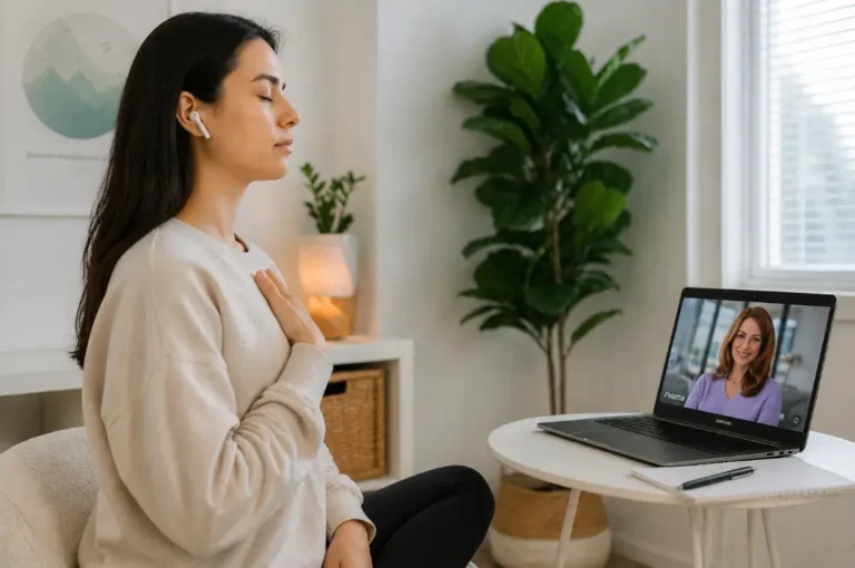 Psicóloga online para ansiedad y estrés | Persona respirando con calma durante terapia online para ansiedad en México