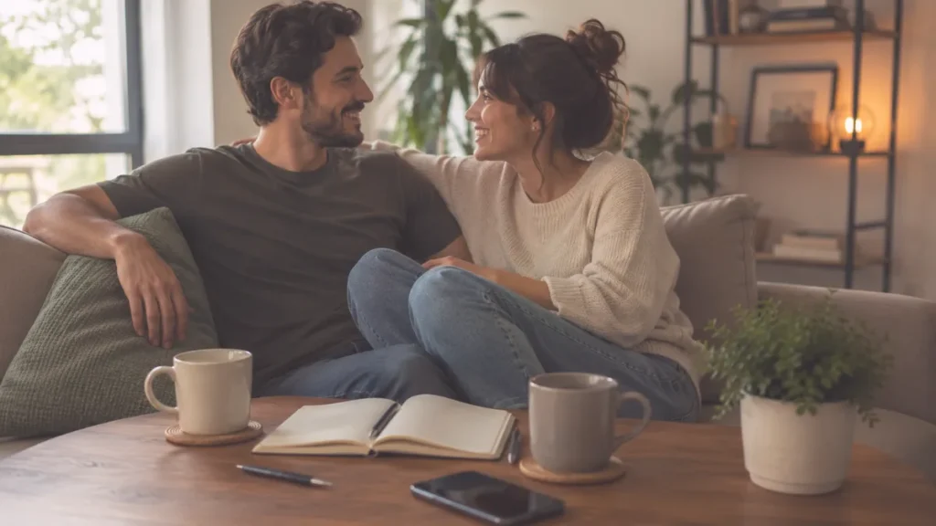Pareja conversando y riendo en una sala cálida sobre comunicación en pareja