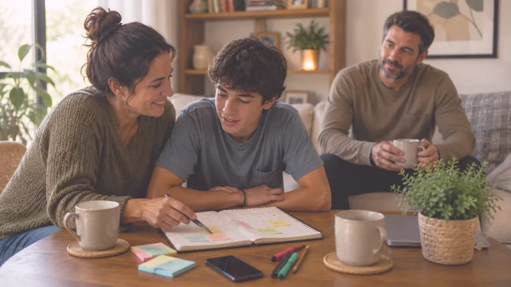Familia conversando sobre convivencia y apoyo a una persona con TDAH